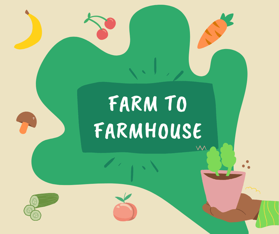 A hand holding a plant with the words farm to farmhouse.